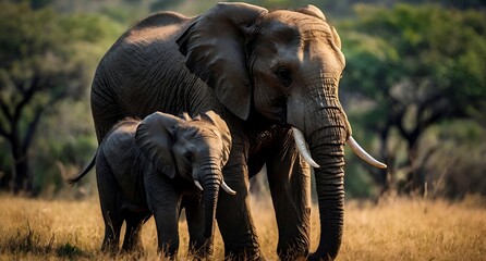 Fototapeta premium A beautiful big elephant mother and a small elephant baby
