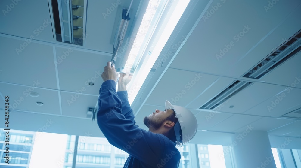 Poster a worker confidently testing a newly installed light fixture in a conference room of a newly built o