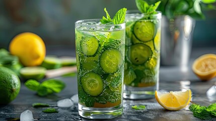 Fototapeta premium Fat-burning shake with green tea, cucumber and mint