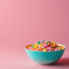 Colorful cereal in a teal bowl on a pink background