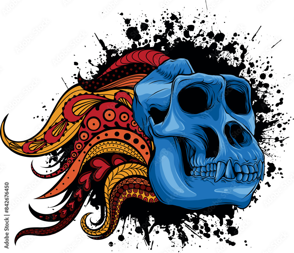 Sticker colored draw of monkey skull vector illustration design