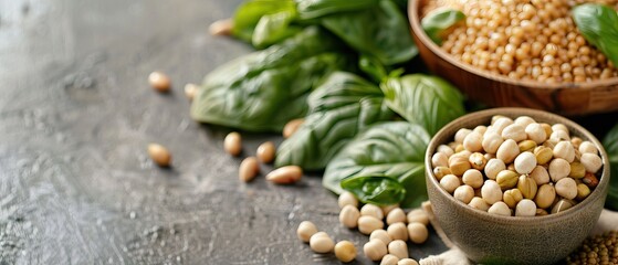 Obraz premium Healthy organic ingredients including white beans, couscous, and green leaves on a rustic, dark background. Concept of natural, plant-based food.