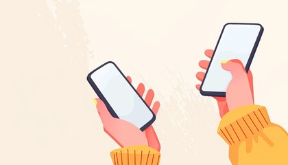 Two hands holding smartphones with blank screens, showcasing modern digital communication, technology, and connectivity on a light background.
