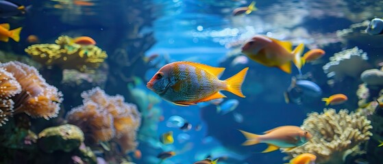 Naklejka premium Vibrant tropical fish swimming among colorful coral reefs in a clear blue ocean, showcasing underwater marine life and aquatic beauty.