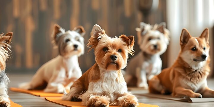 Diverse dogs in cute yoga poses demonstrate pet fitness and wellness. Concept Pet Yoga, Canine Poses, Wellness, Fitness, Diverse Dogs