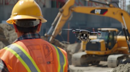 As construction workers operate heavy machinery the drone closely monitors their movements ensuring safe and efficient use of equipment.