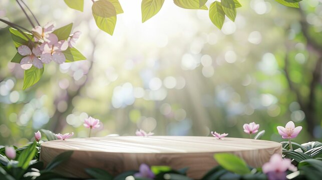 Horizontal image, front view close up. Round empty wooden platform on cherry blossom background. Relaxing spa concept. For banner, profile, cover, design, etsy, LinkedIn, business