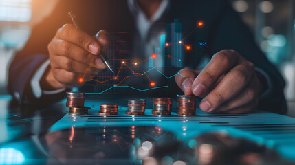 Businessman drawing a growing graph with coins and data charts for a financial plan or development of a business in the year 2025 