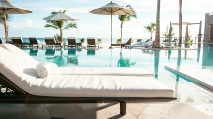 Beach chairs in front of a swimming pool at a resort. Selective focus.