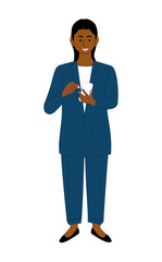 A black female with a cellphone, white background.