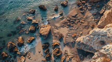 Beautiful rocky coastline captured from above Rocks and stones scattered in the sea Sunny sandy beach with rocks in the summer