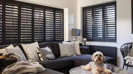 Plantation shutter fitted in a modern lounge. The window has horizontal black wooden blinds. Blinds as an option for protection from excessive sunlight.