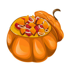 image of a pumpkin, in the form of a pot, filled with vegetables, ready to be served. EPS 10