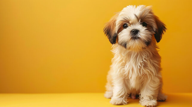 An adorable Shih Tzu puppy sitting against a vibrant yellow background. - Powered by Adobe