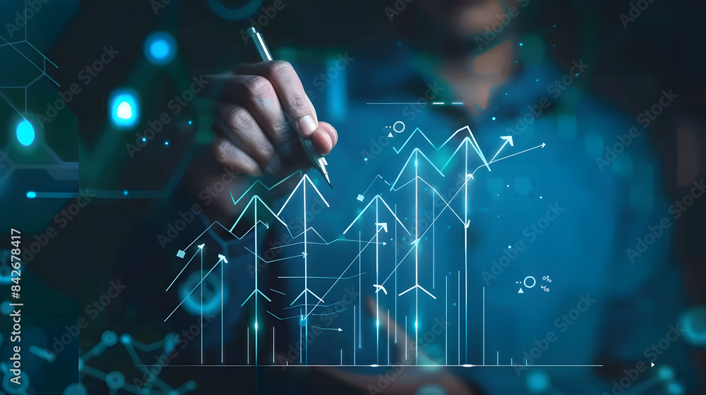 Poster businessman drawing upward arrows on a virtual screen with a growth graph chart and arrow up icon fo