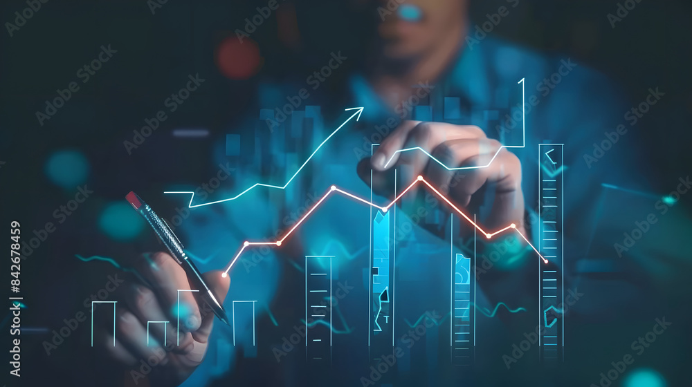 Poster businessman drawing upward arrows on a virtual screen with a growth graph chart and arrow up icon fo