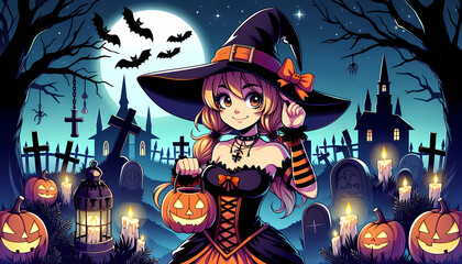 Halloween witch with pumpkin and graveyard theme