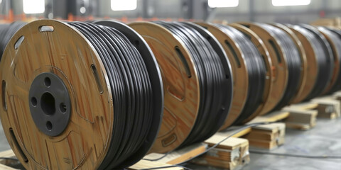 Close-up of industrial reels with black cables neatly coiled on wooden spools. texture of the cables and spools, representing utility and electrical materials..