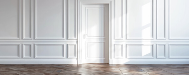 Banner, white interior door in a room with white walls, no furniture, classic style. 