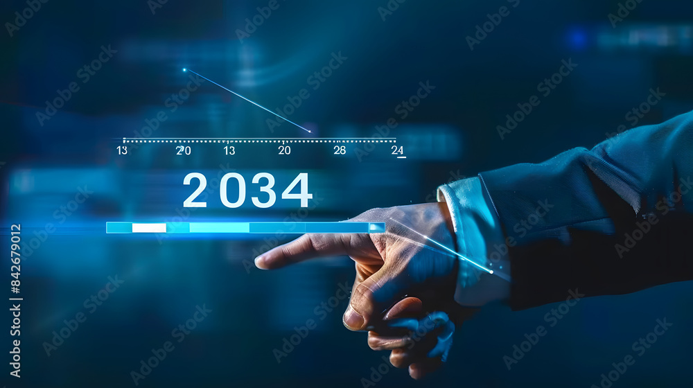 Poster Businessman hand touching digital screen with a progress bar loading and the text 2024 floating on a dark background 