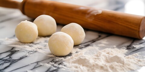 Four small, round dough balls rest on a marble surface lightly dusted with flour, ready to be rolled out and baked into a delicious homemade treat.