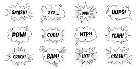 Set of speech bubbles with inscriptions, clouds and explosions in comic style, stars and lightning. Hand drawn sketch elements with halftone shadow. Pow, smash, zzz, ooh, oops, cool, wtf, crack, bam.