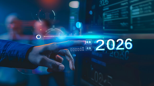 Businessman hand touching digital screen with a progress bar loading and the text 2026 floating on a dark background 