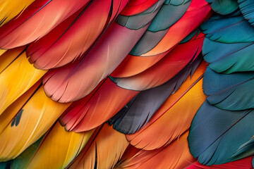 Obraz premium Colorful feathers background. Close up view of colorful bird feathers