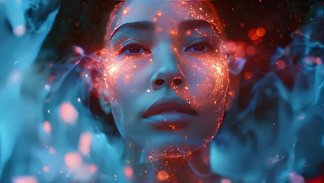 Video of woman's face is surrounded by a blue and red smoke. Concept emotional intelligence, exploring the mind, self-discovery, introspection, thinking process.