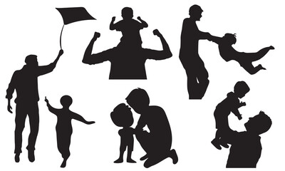 Silhouettes of Father and children in various activities, perfect for Father's Day, family-themed designs, and educational materials. Happy father's day. Editable. EPS 10