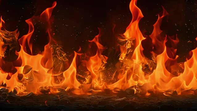 A close-up image of fiery orange flames dancing on a black background, creating a visually captivating and intense scene.