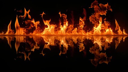 An image of fire burning brightly against a black background, with the flames reflecting in the surface below.