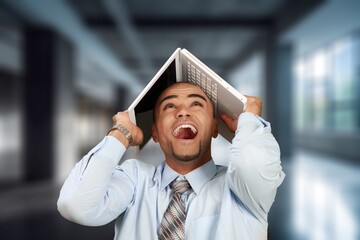 Business, stress man overworked in office