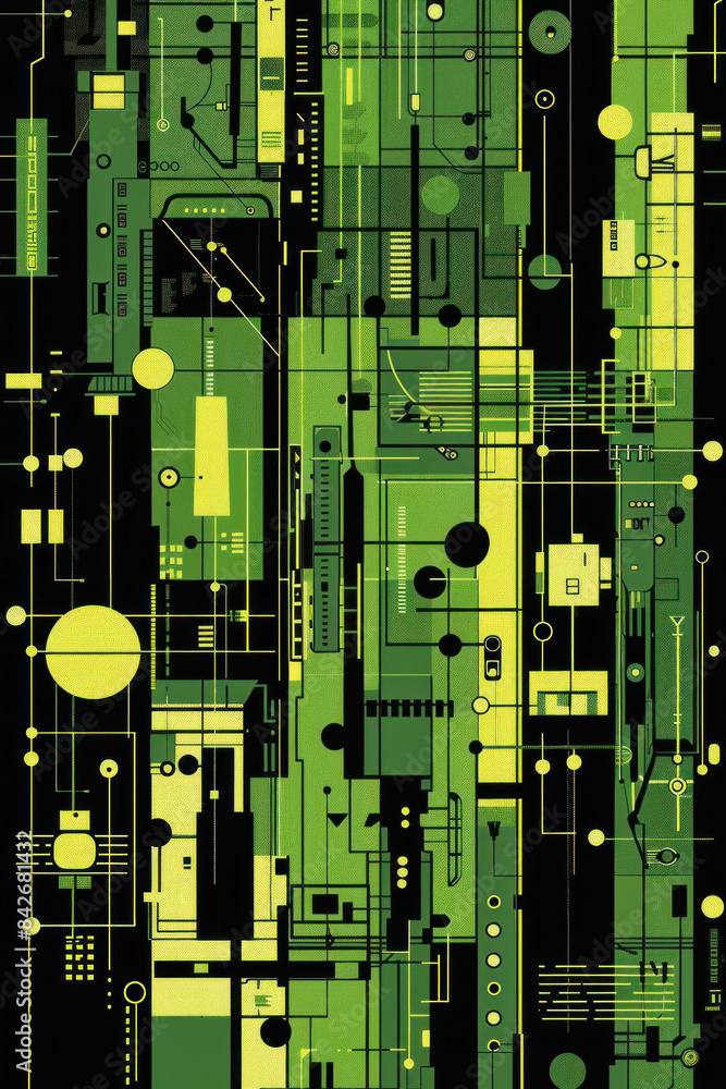 Poster the black background features distinct green and yellow lines running across it