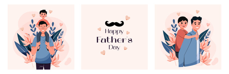 Set of cards for Father's Day. Father holding child. Parenting in flat style. Generations. Vector. Embrace.  Family concept. Poster. Ride on back. Fatherhood and childhood Silhouette. 