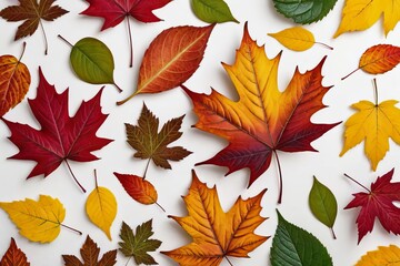 Bright colorful autumn leaves on a white background.