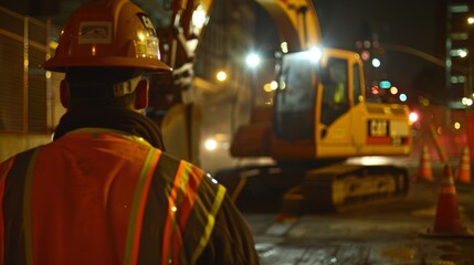 A construction crew works systematically under the cover of night all sporting reflective gear to ensure their safety and visibility.