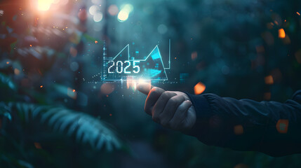 Businessman holding a glowing digital arrow with the numbers 2025 and upward arrows on a dark background 