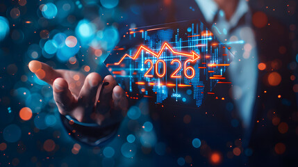 Businessman holding a glowing digital arrow with the numbers 2026 and upward arrows on a dark background 