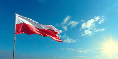 Flag of Poland waving in the wind, with a bright blue sky background