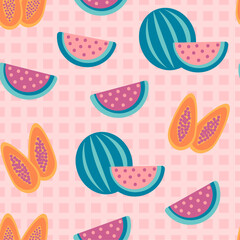 Summer tropical pattern with watermelon and papaya on mosaics background