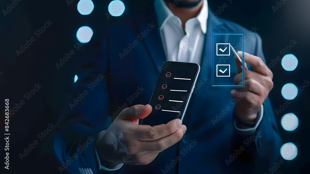 Poster businessman holding a mobile phone checking a list with mark icons on a virtual screen.depicting a b