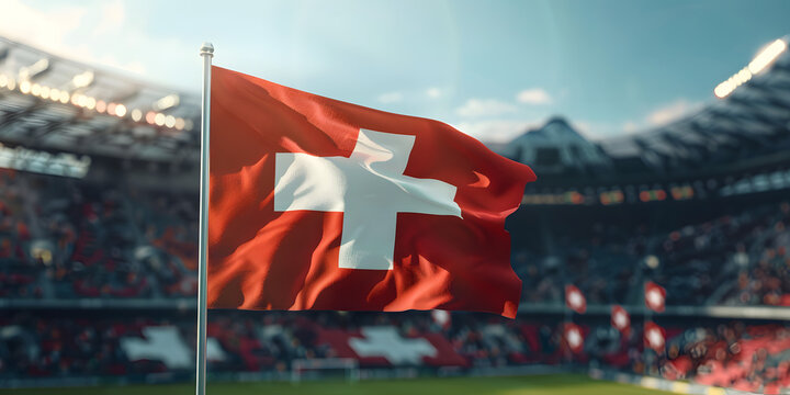 Flag of Switzerland waving in the wind, with a blurred soccer stadium in the background 
