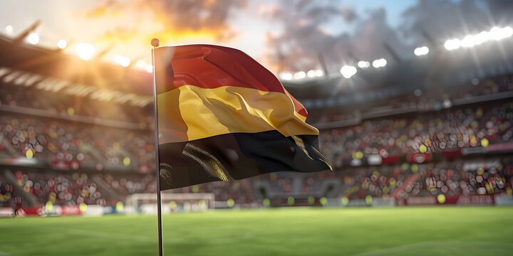 Flag of Belgium waving in the wind, with a blurred soccer stadium in the background 