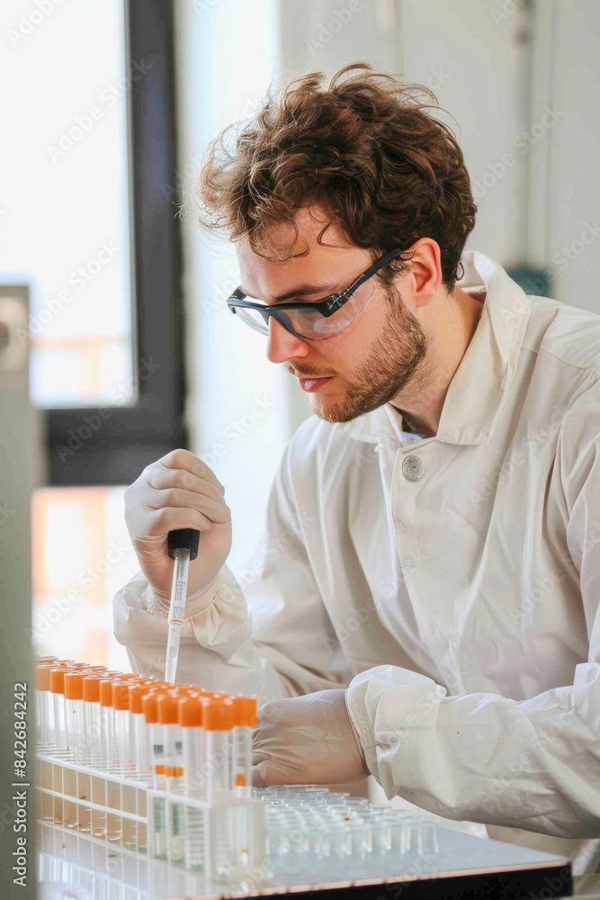 Poster a man is in a laboratory using a pipette and test tubes with various scientific equipment around