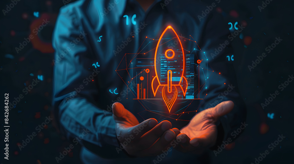Poster businessman holding a rocket icon with an arrow pointing up and a graph showing growth on a dark bac