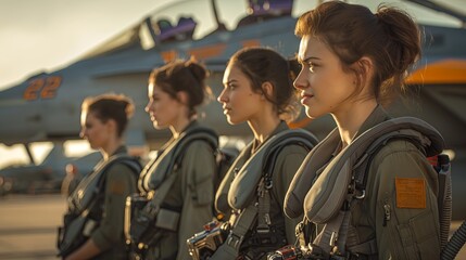 Confident Military Female Fighter Pilot in Green Flight Suits in front of a Fighter Jet