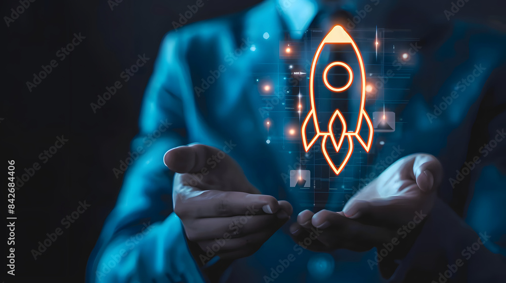 Poster businessman holding a rocket icon with an arrow pointing up and a graph showing growth on a dark bac