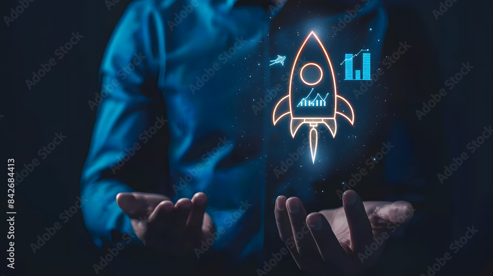 Poster businessman holding a rocket icon with an arrow pointing up and a graph showing growth on a dark bac