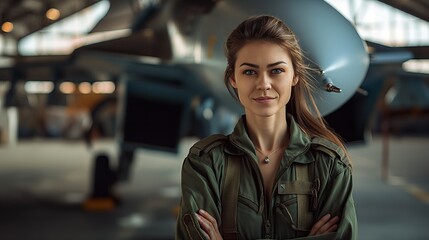 Confident Military Female Fighter Pilot in Green Flight Suits in front of a Fighter Jet